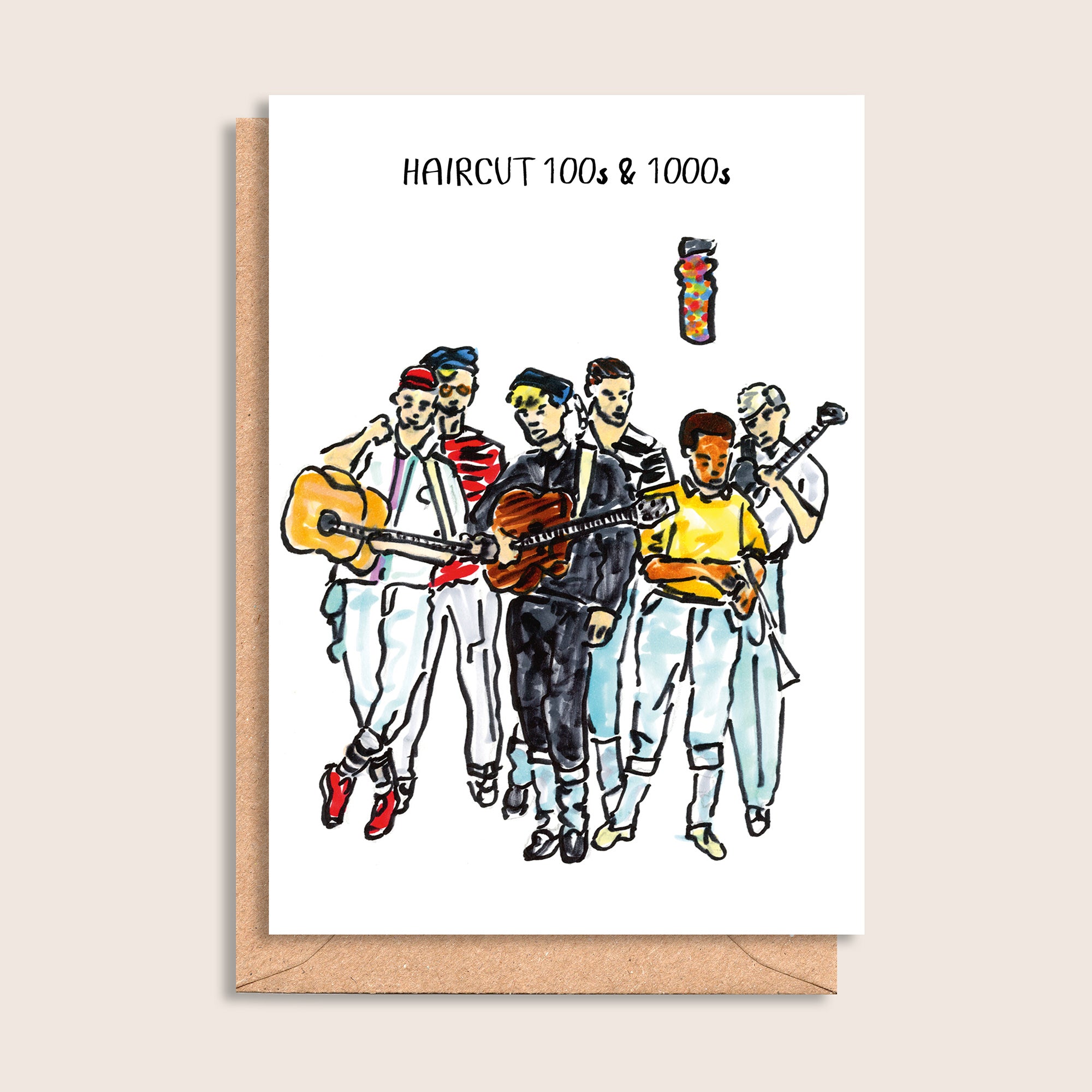 Haircut 100s & 1000s – illustrated portrait greeting card, front