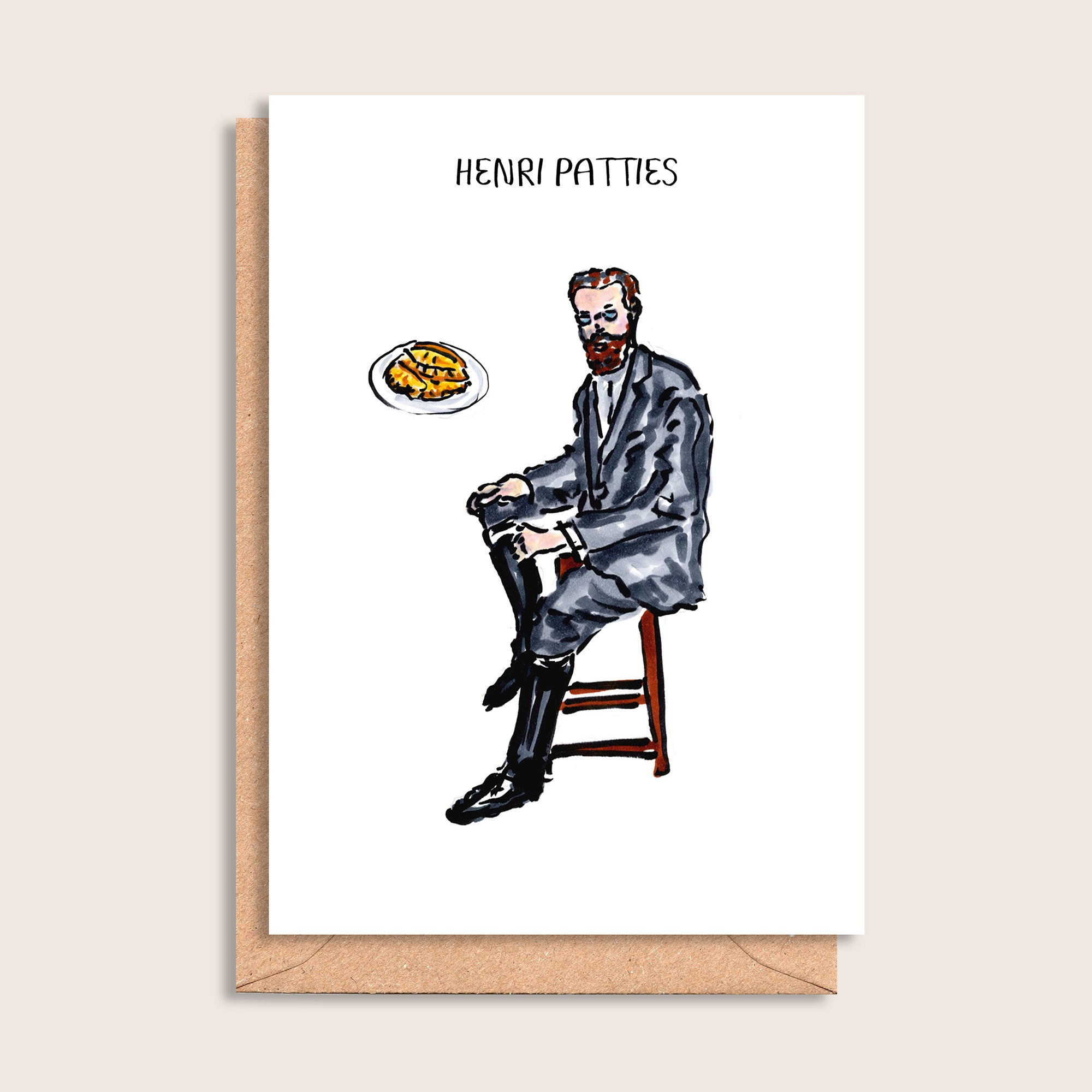 Henri Patties – illustrated portrait greeting card, front
