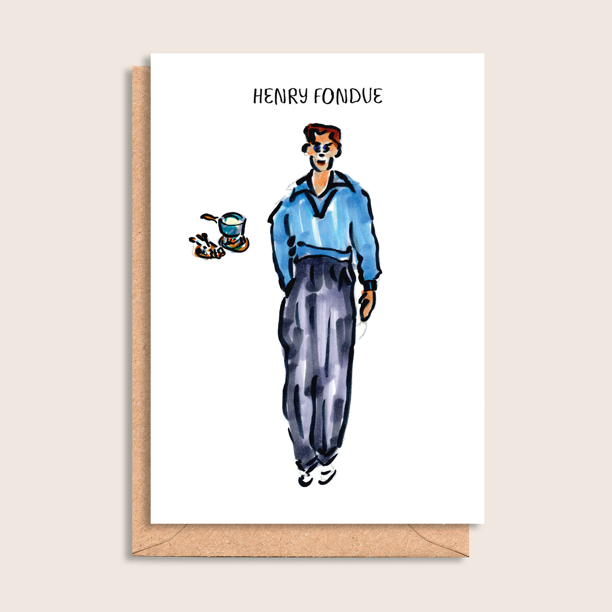 Henry Fondue – illustrated portrait greeting card, front
