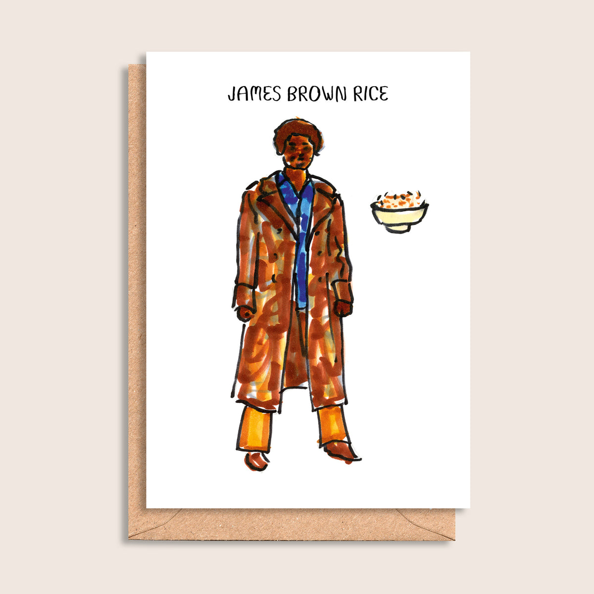 James Brown Rice – illustrated portrait greeting card, front