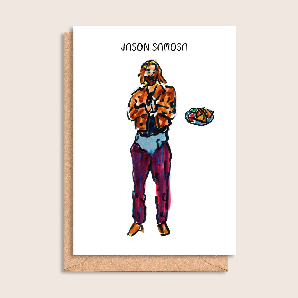 Jason Samosa – illustrated portrait greeting card, front