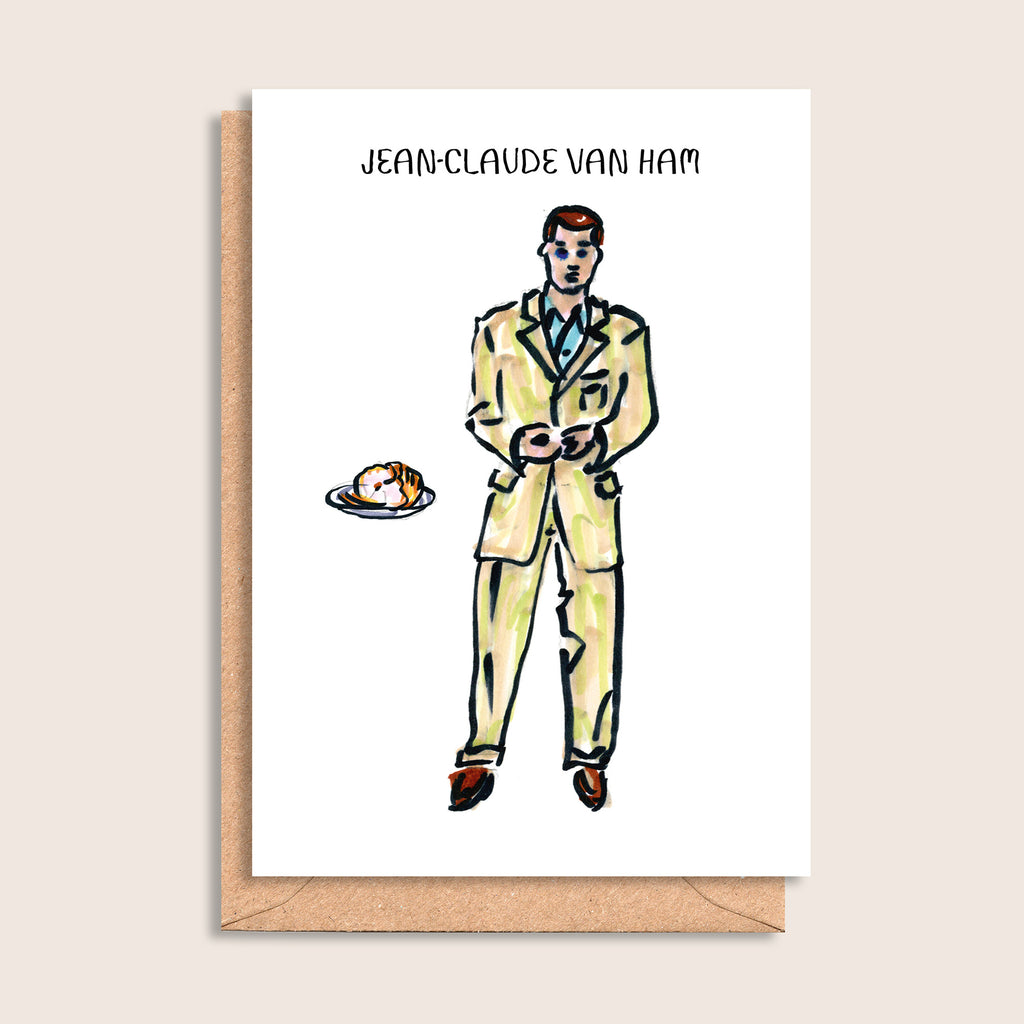 Jean-Claude Van Ham – illustrated portrait greeting card, front