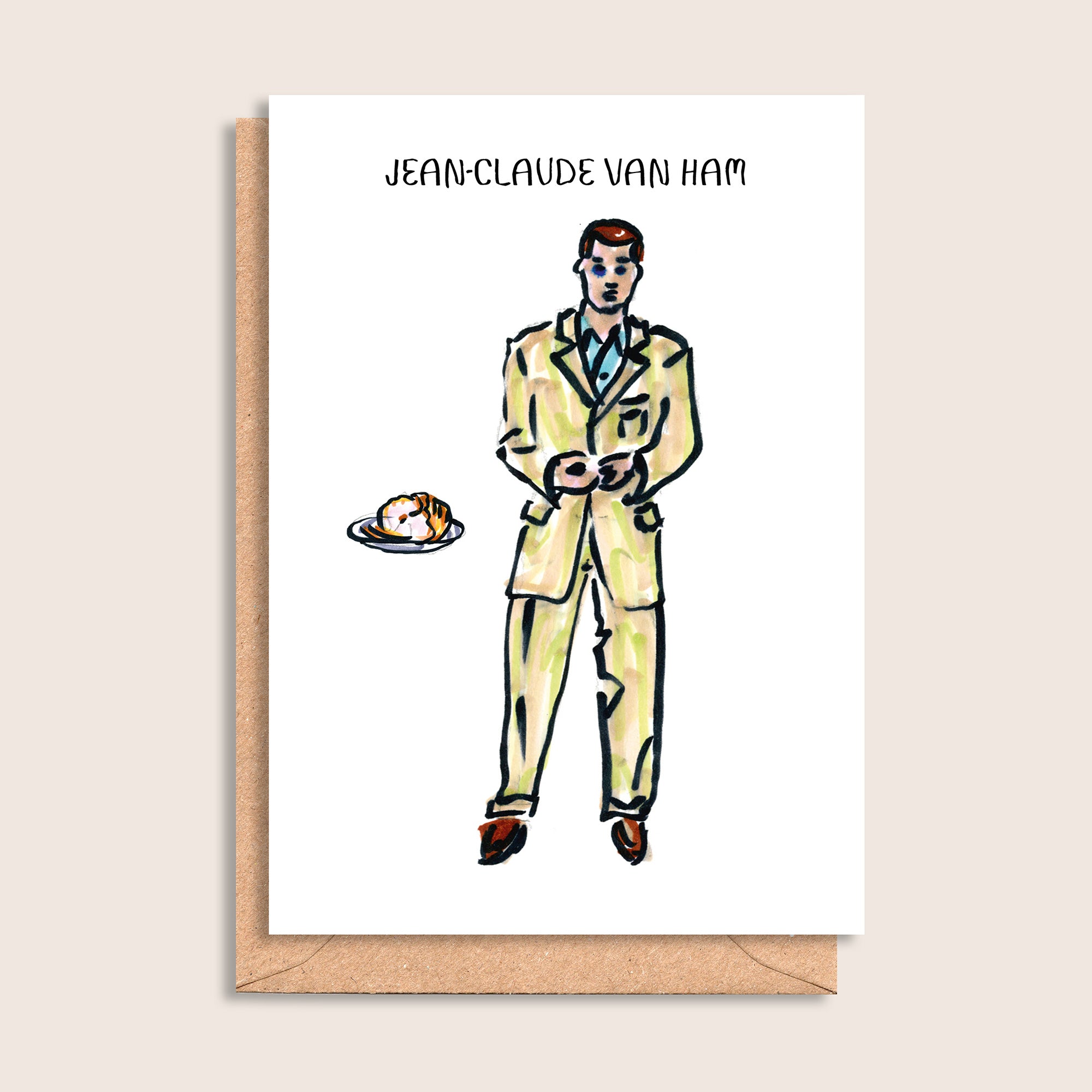Jean-Claude Van Ham – illustrated portrait greeting card, front