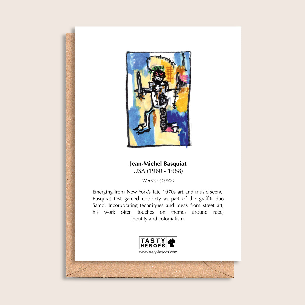 Jean-Michel Biscuits – biographical note and Jean-Michel Basquiat artwork, reverse