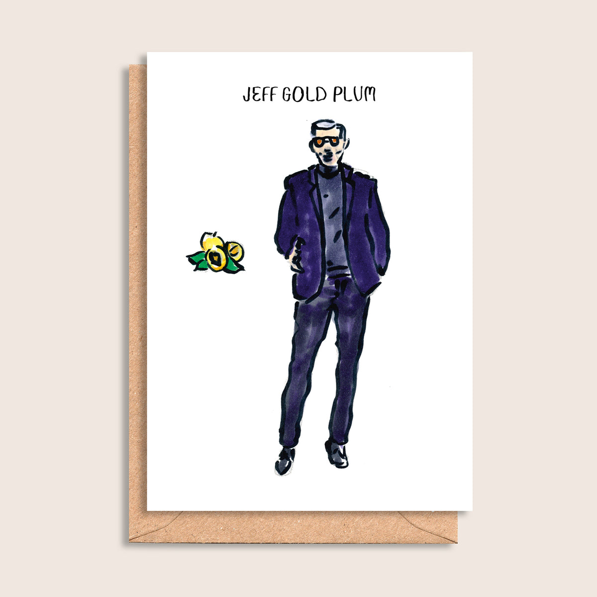 Jeff Gold Plum – illustrated portrait greeting card, front