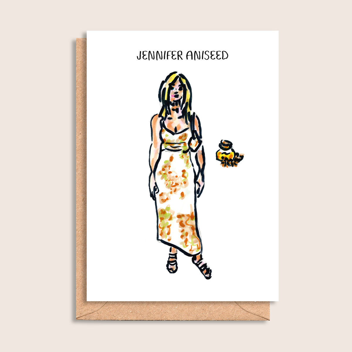 Jennifer Aniseed – illustrated portrait greeting card, front