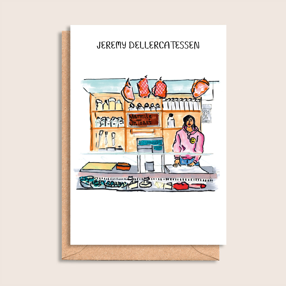 Jeremy Dellercatessen – illustrated portrait greeting card, front