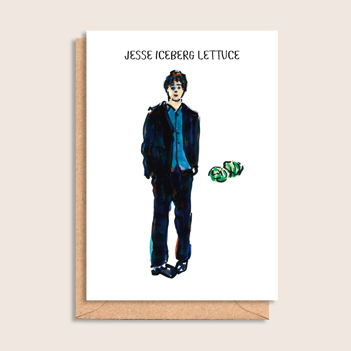 Jesse Iceberg Lettuce – illustrated portrait greeting card, front