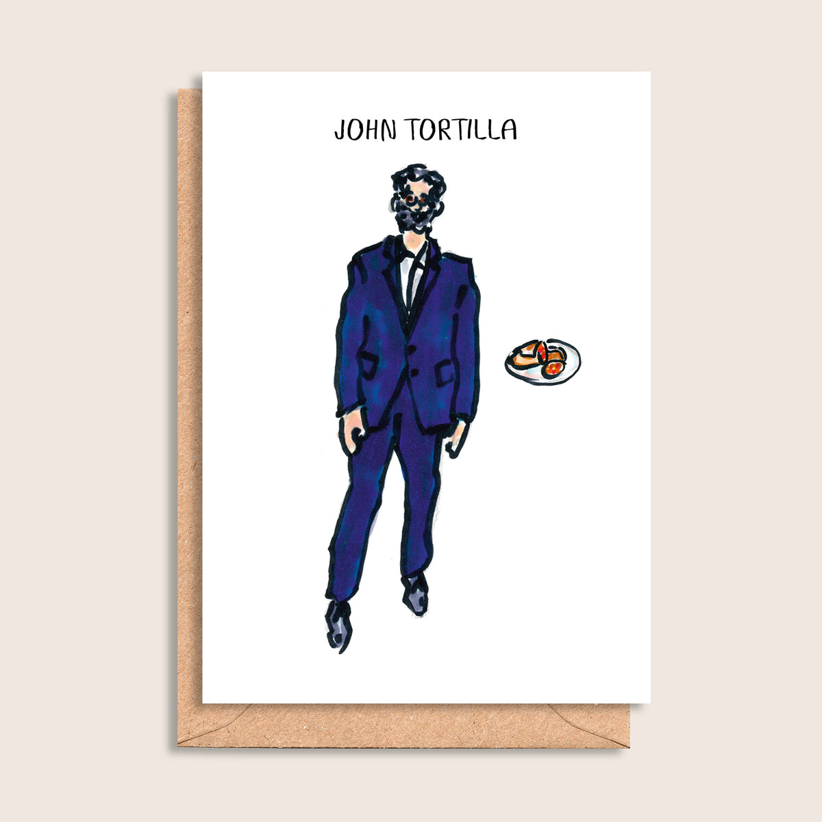 John Tortilla – illustrated portrait greeting card, front