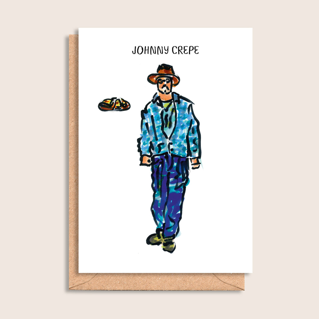 Johnny Crepe – illustrated portrait greeting card, front