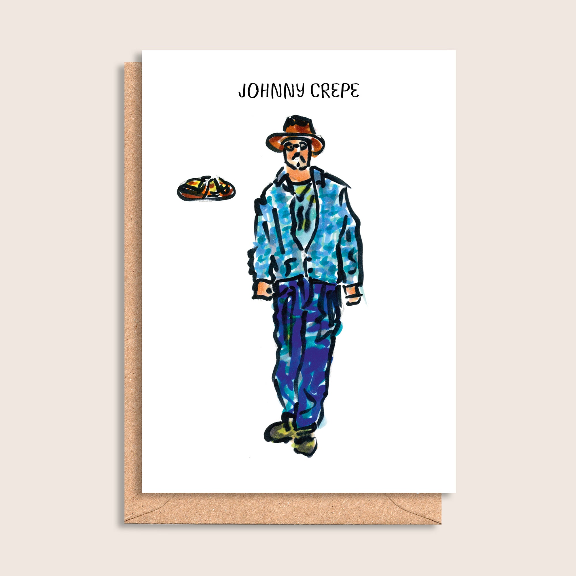 Johnny Crepe – illustrated portrait greeting card, front