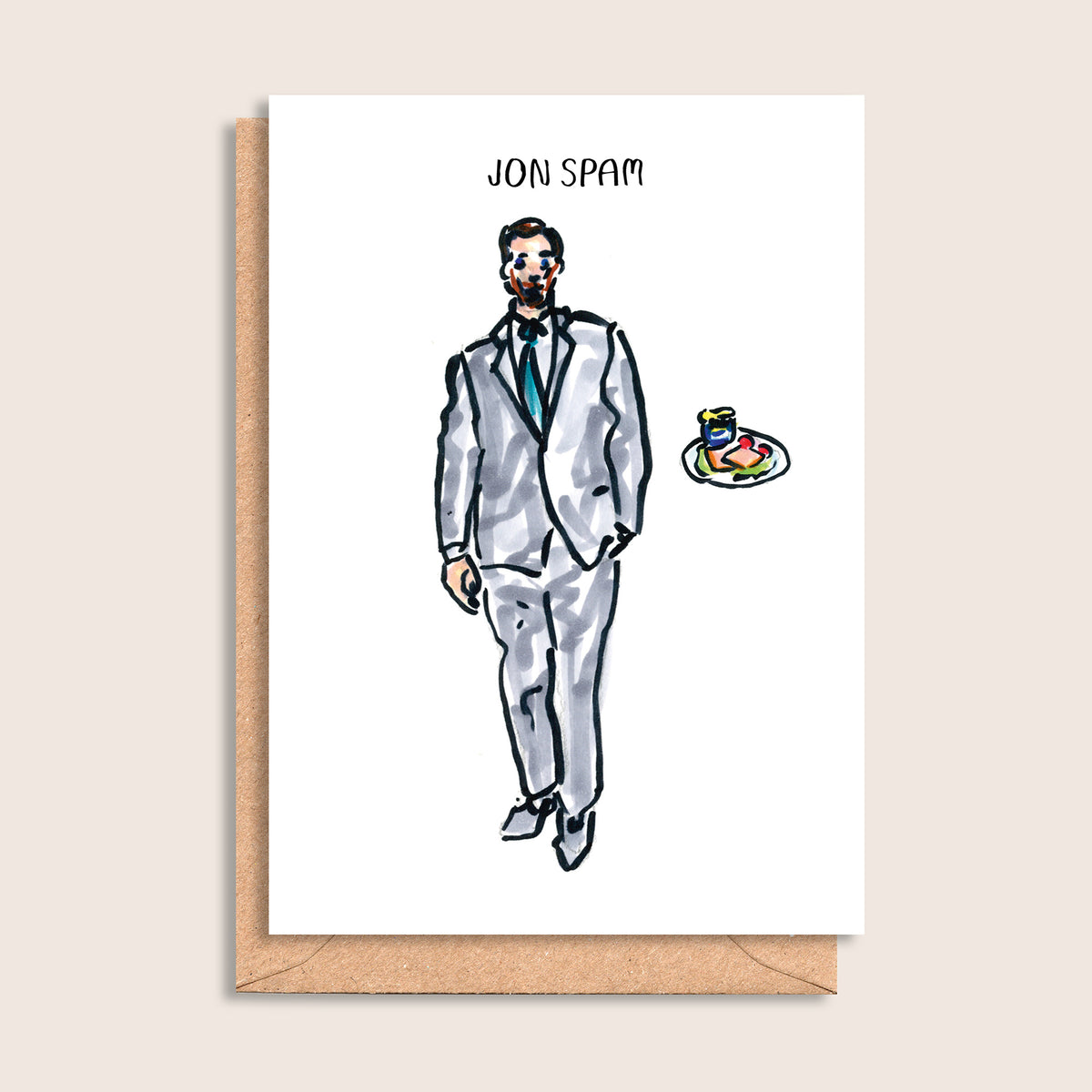 Jon Spam – illustrated portrait greeting card, front