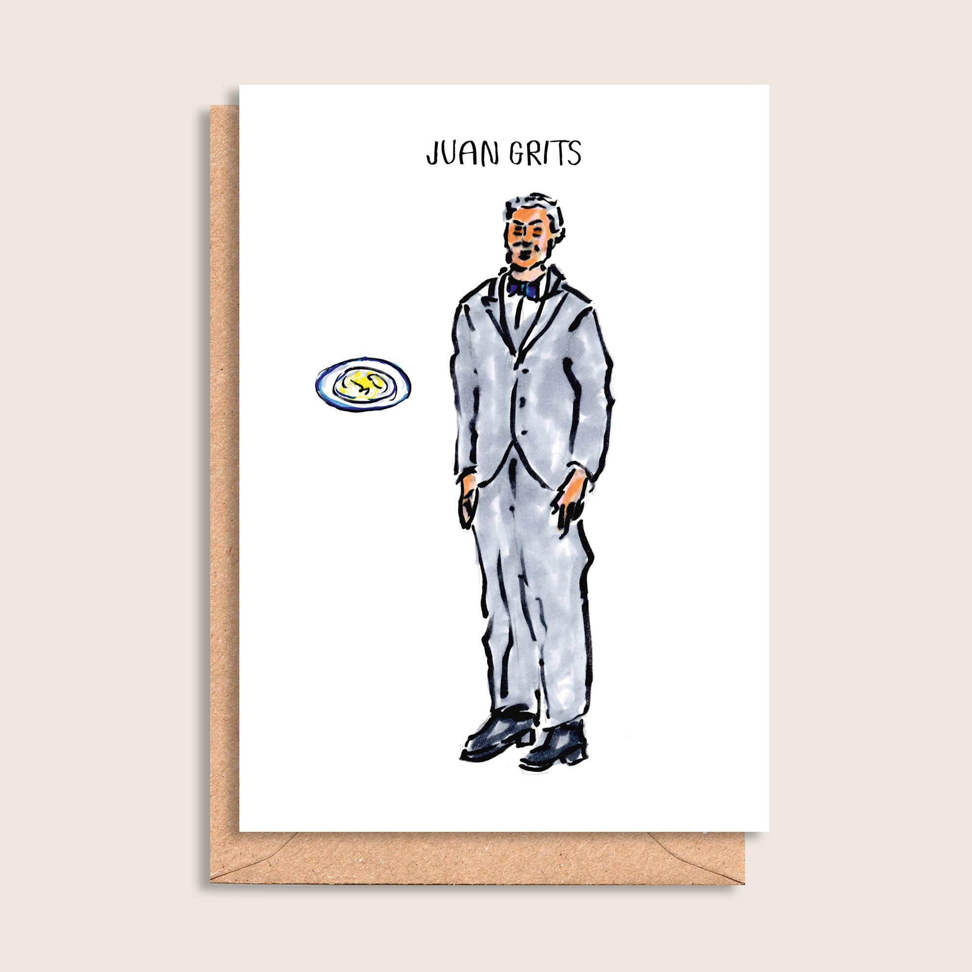Juan Grits – illustrated portrait greeting card, front
