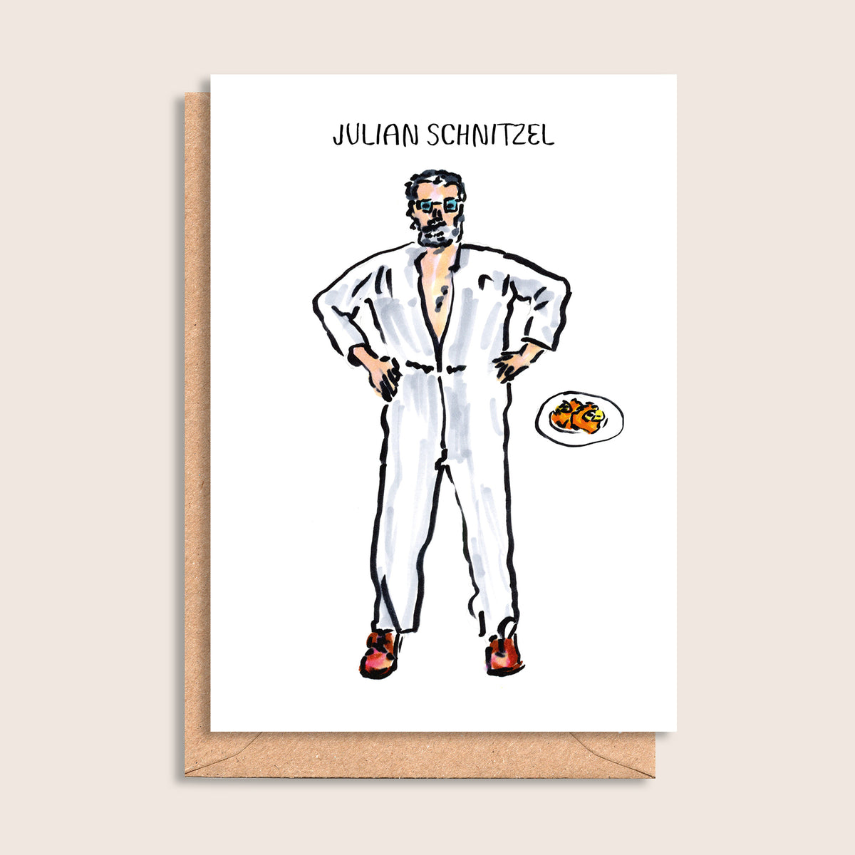 Julian Schnitzel – illustrated portrait greeting card, front