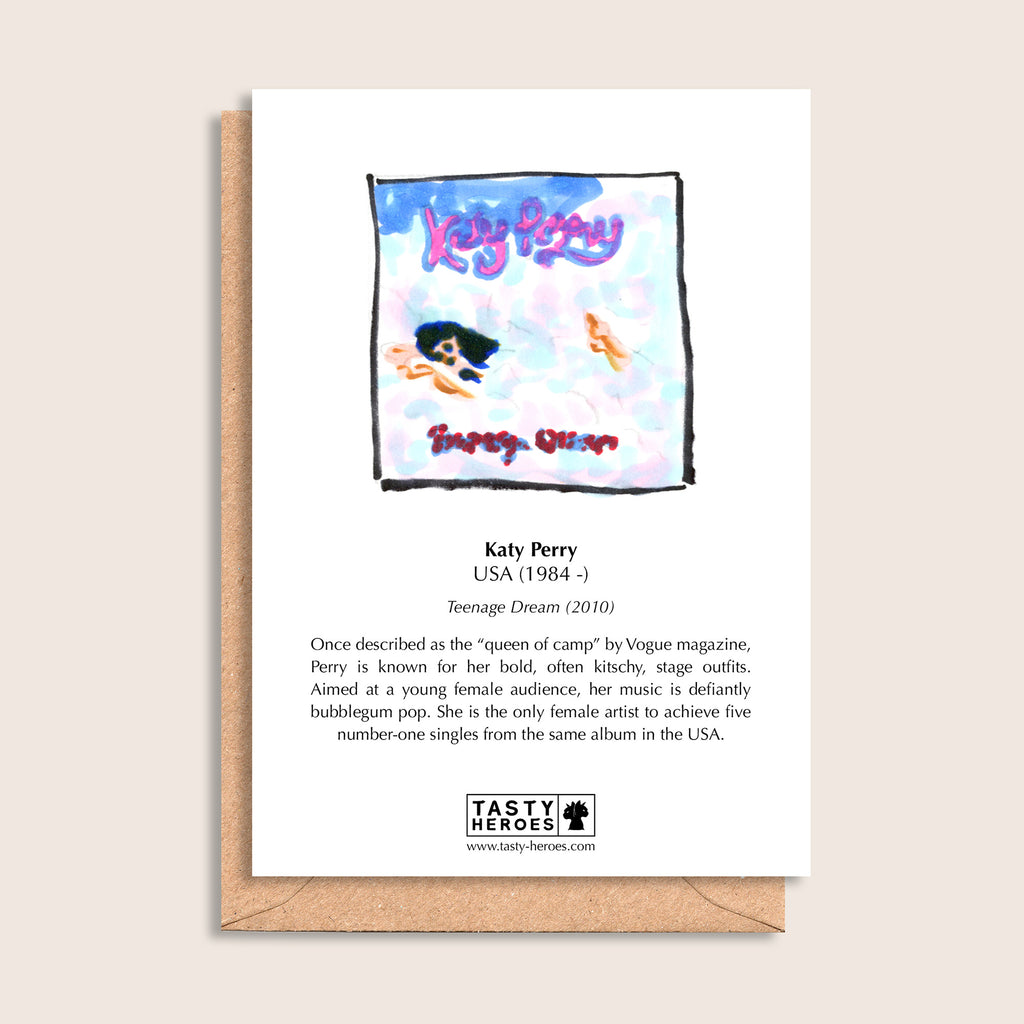 Katy Peri-Peri Chicken – biographical note and Katy Perry artwork, reverse