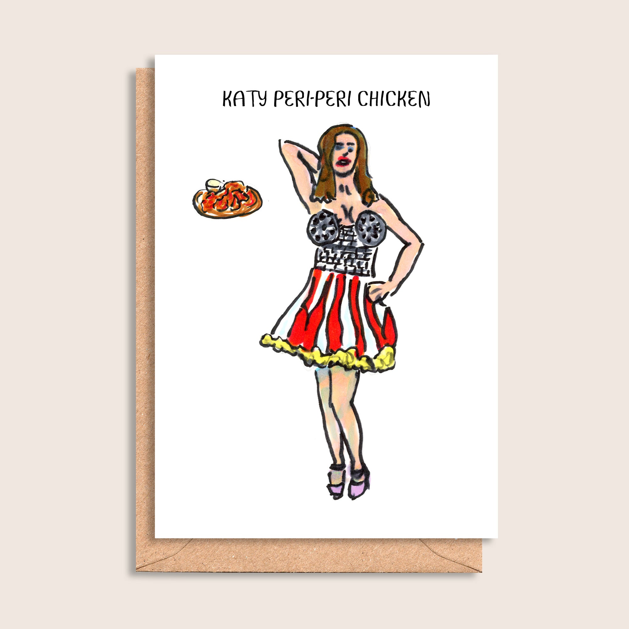 Katy Peri-Peri Chicken – illustrated portrait greeting card, front
