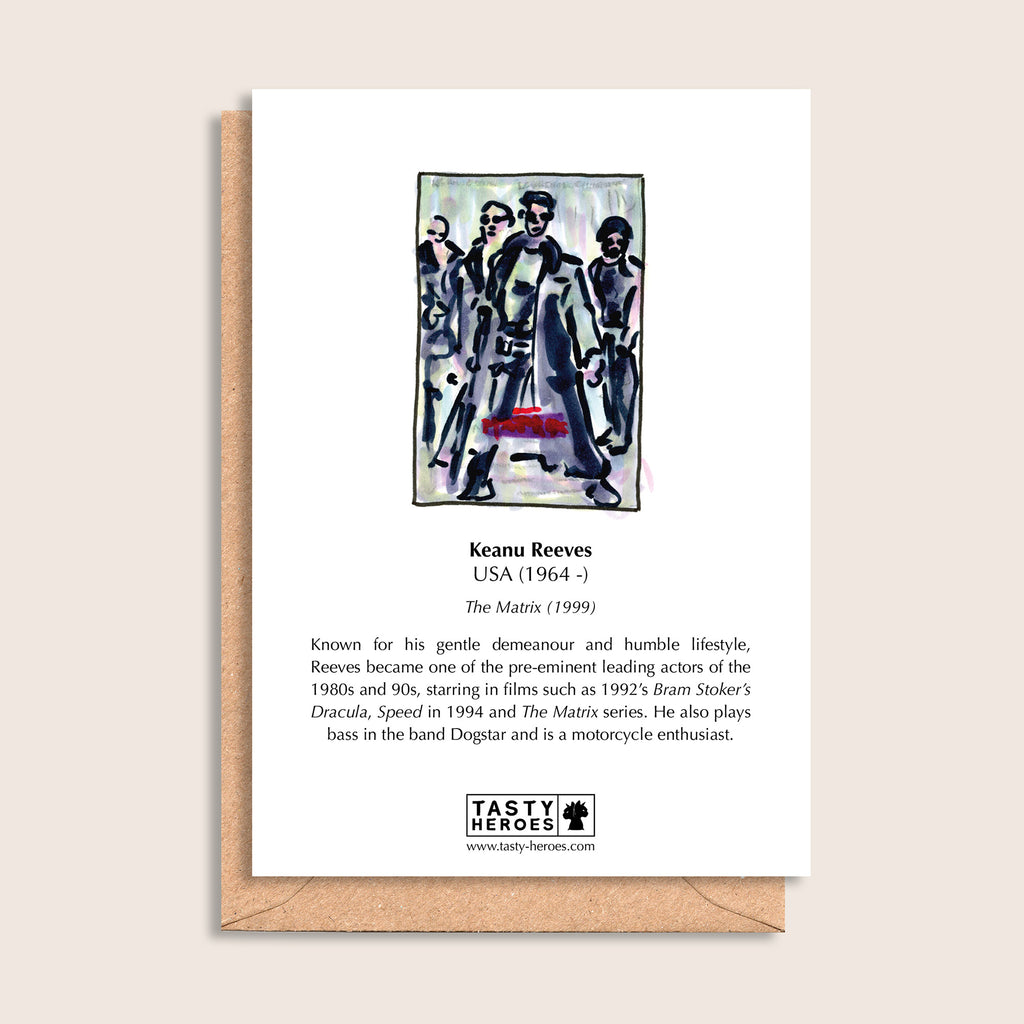 Keanu Cheese – biographical note and Keanu Reeves artwork, reverse