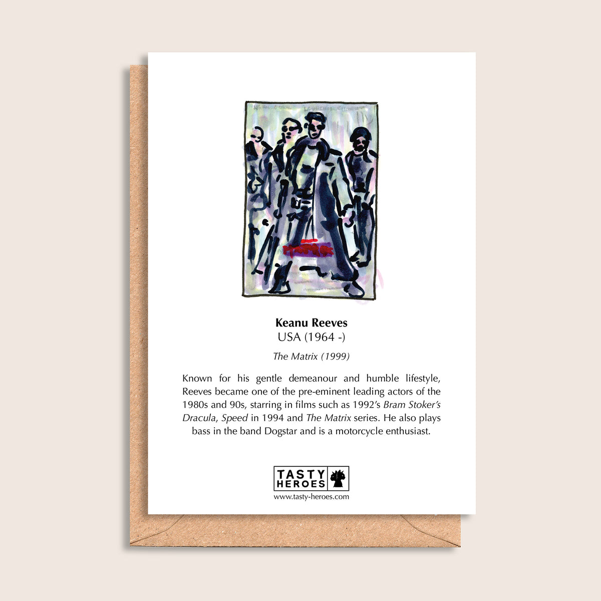 Keanu Cheese – biographical note and Keanu Reeves artwork, reverse