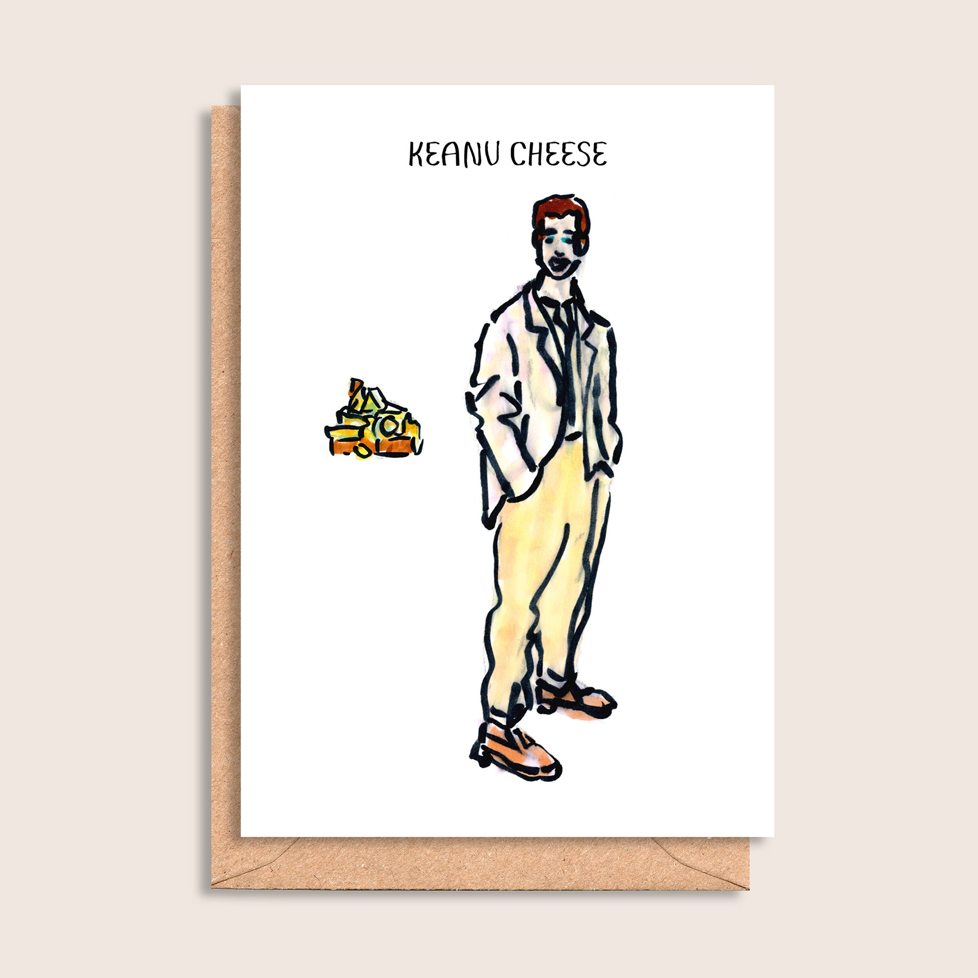Keanu Cheese – illustrated portrait greeting card, front