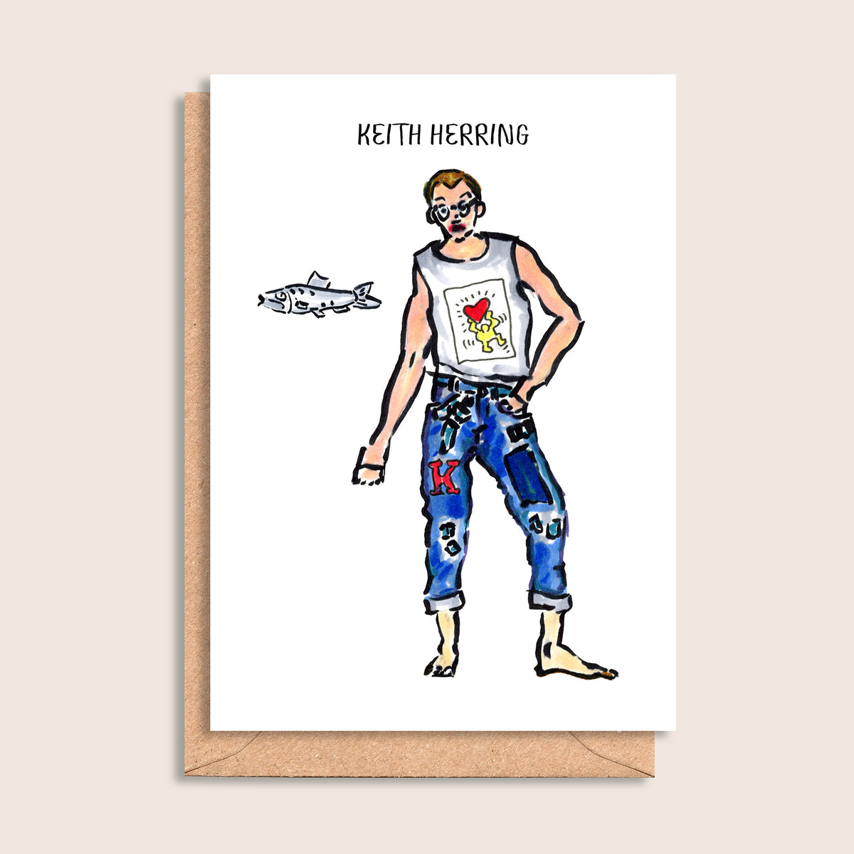 Keith Herring – illustrated portrait greeting card, front