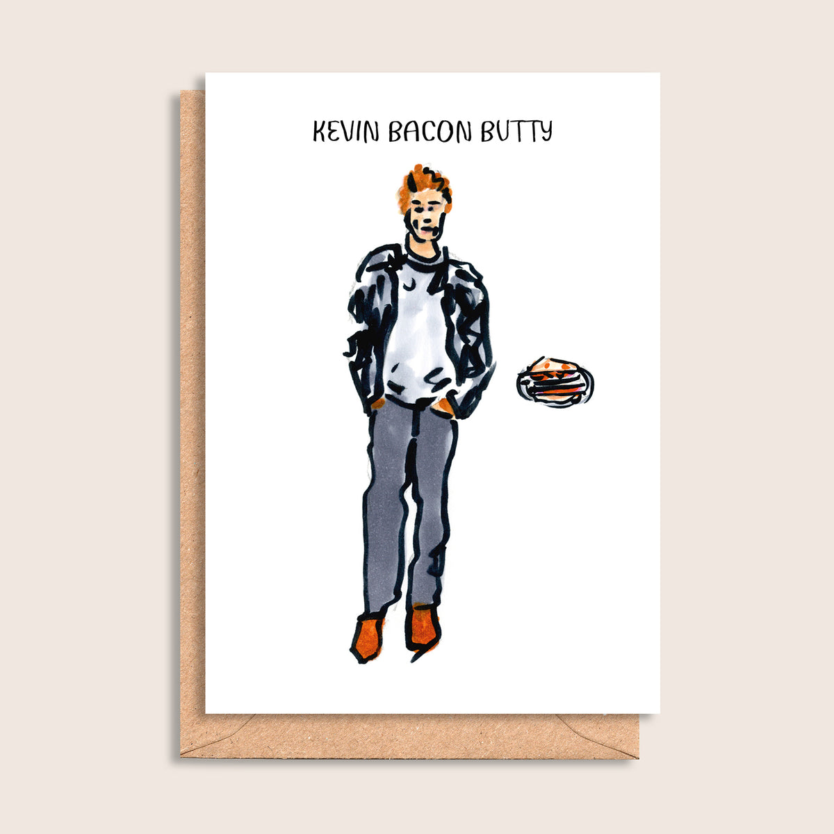 Kevin Bacon Butty – illustrated portrait greeting card, front