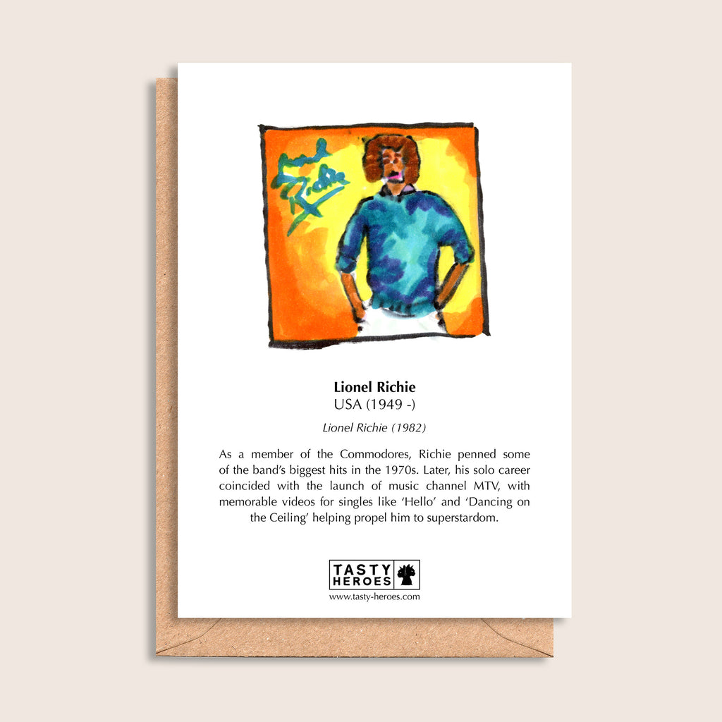 Lionel Rich Tea – biographical note and Lionel Richie artwork, reverse