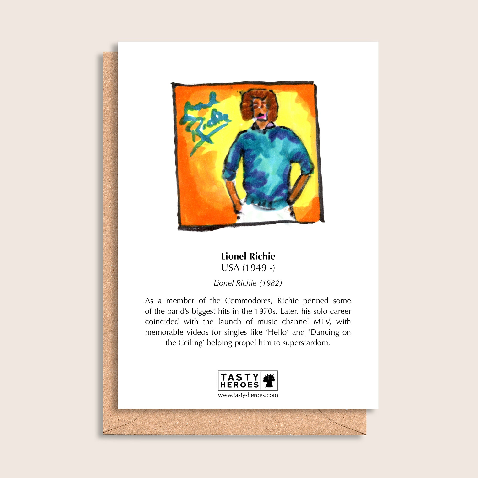 Lionel Rich Tea – biographical note and Lionel Richie artwork, reverse