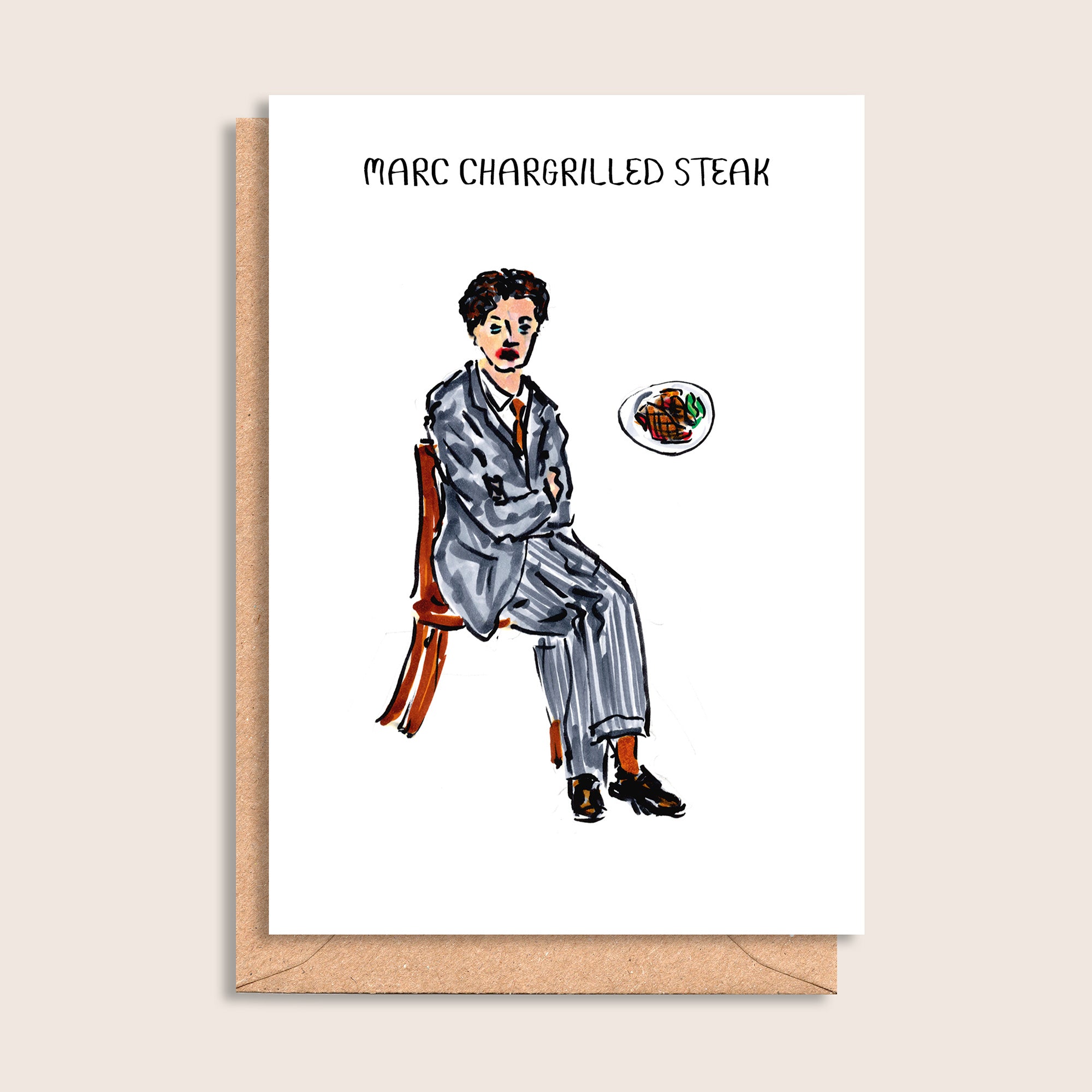 Marc Chargrilled Steak – illustrated portrait greeting card, front