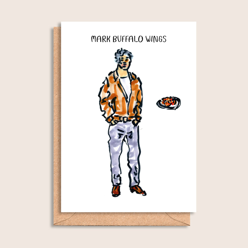 Mark Buffalo Wings – illustrated portrait greeting card, front