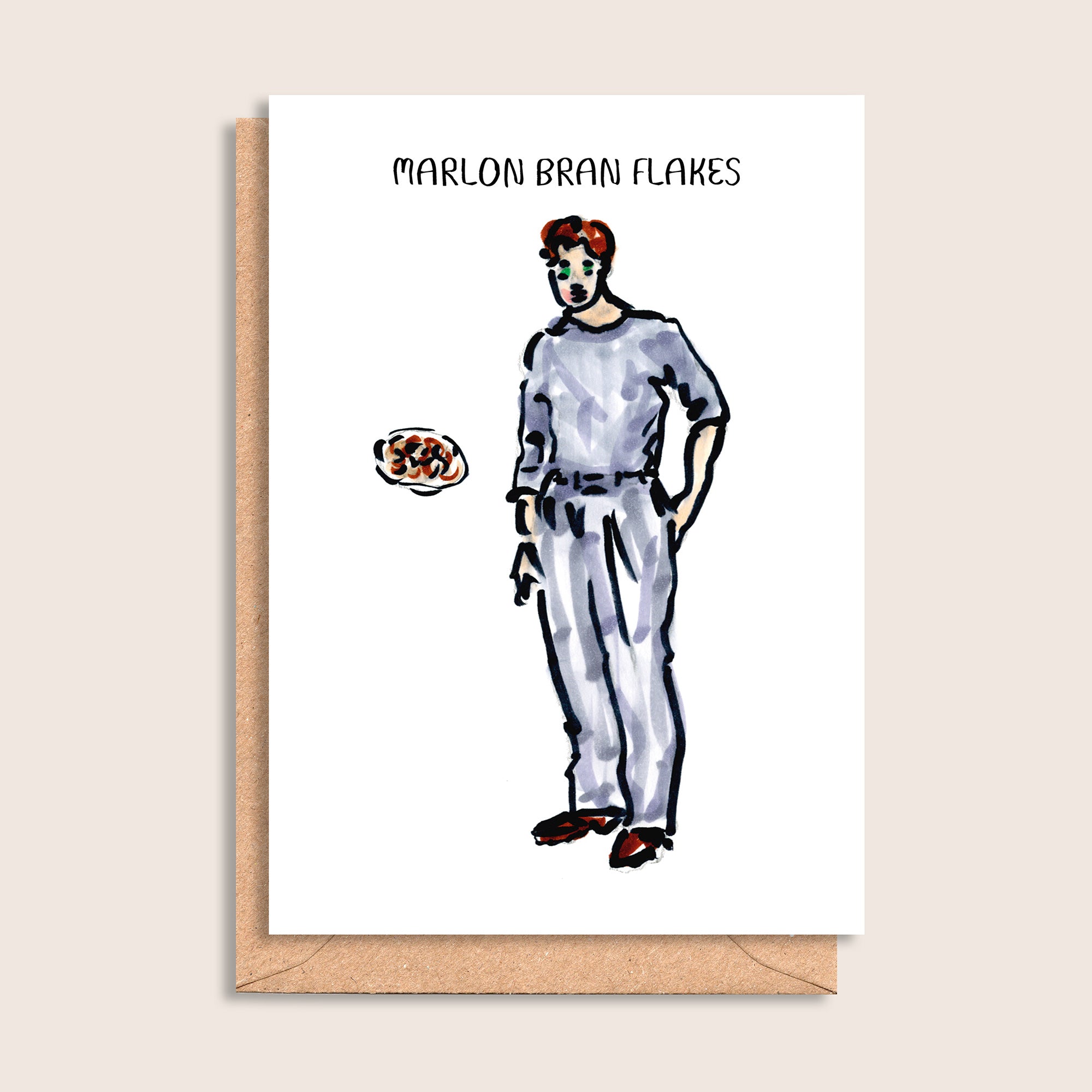 Marlon Bran Flakes – illustrated portrait greeting card, front