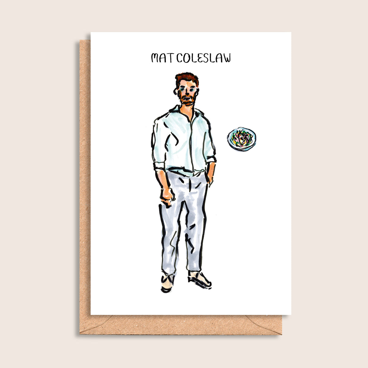 Mat Coleslaw – illustrated portrait greeting card, front