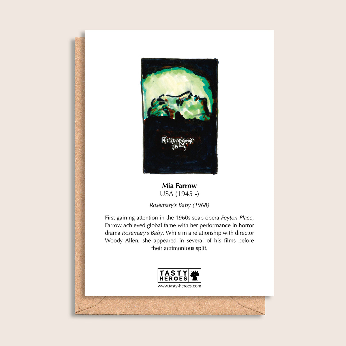 Mia Marrow – biographical note and Mia Farrow artwork, reverse