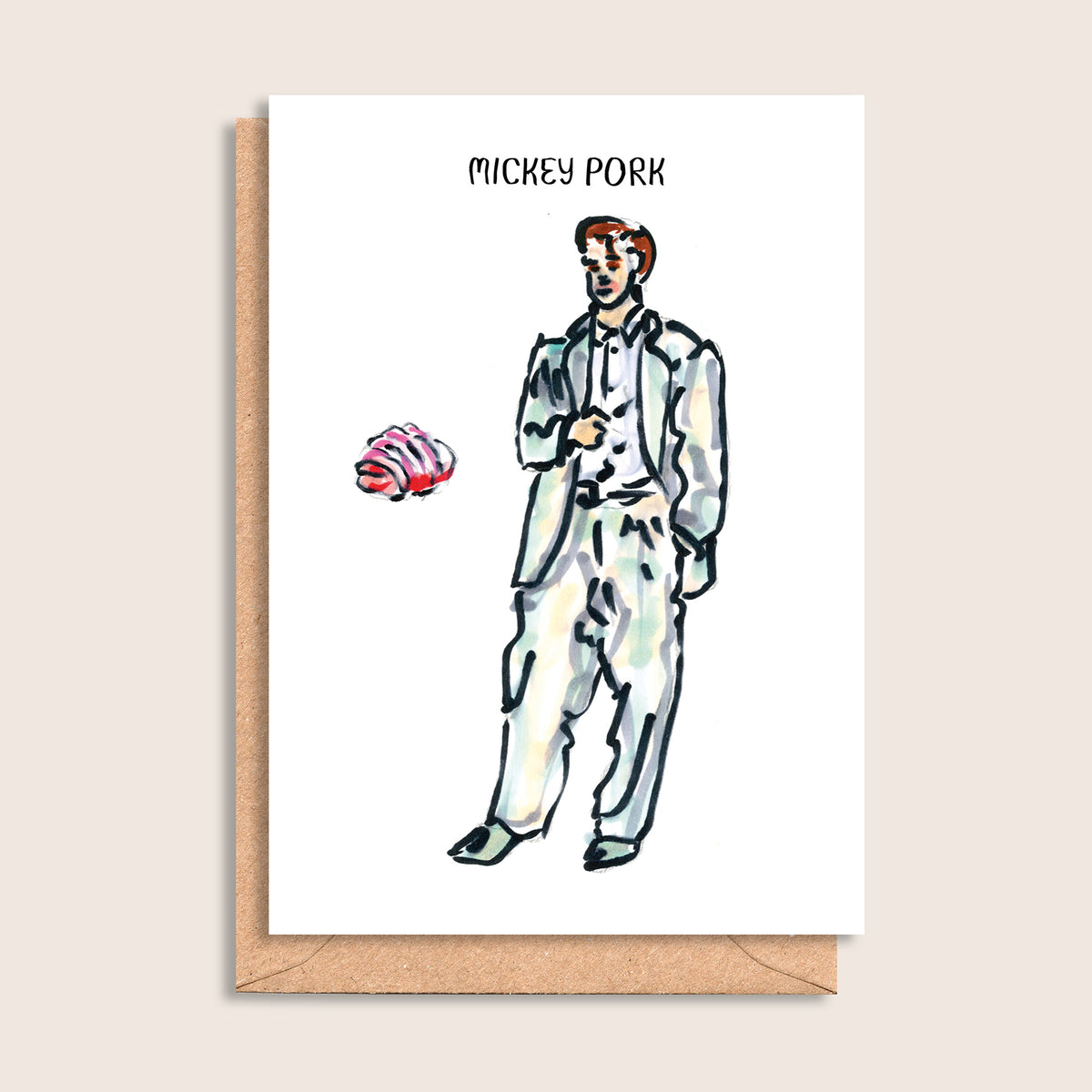 Mickey Pork – illustrated portrait greeting card, front
