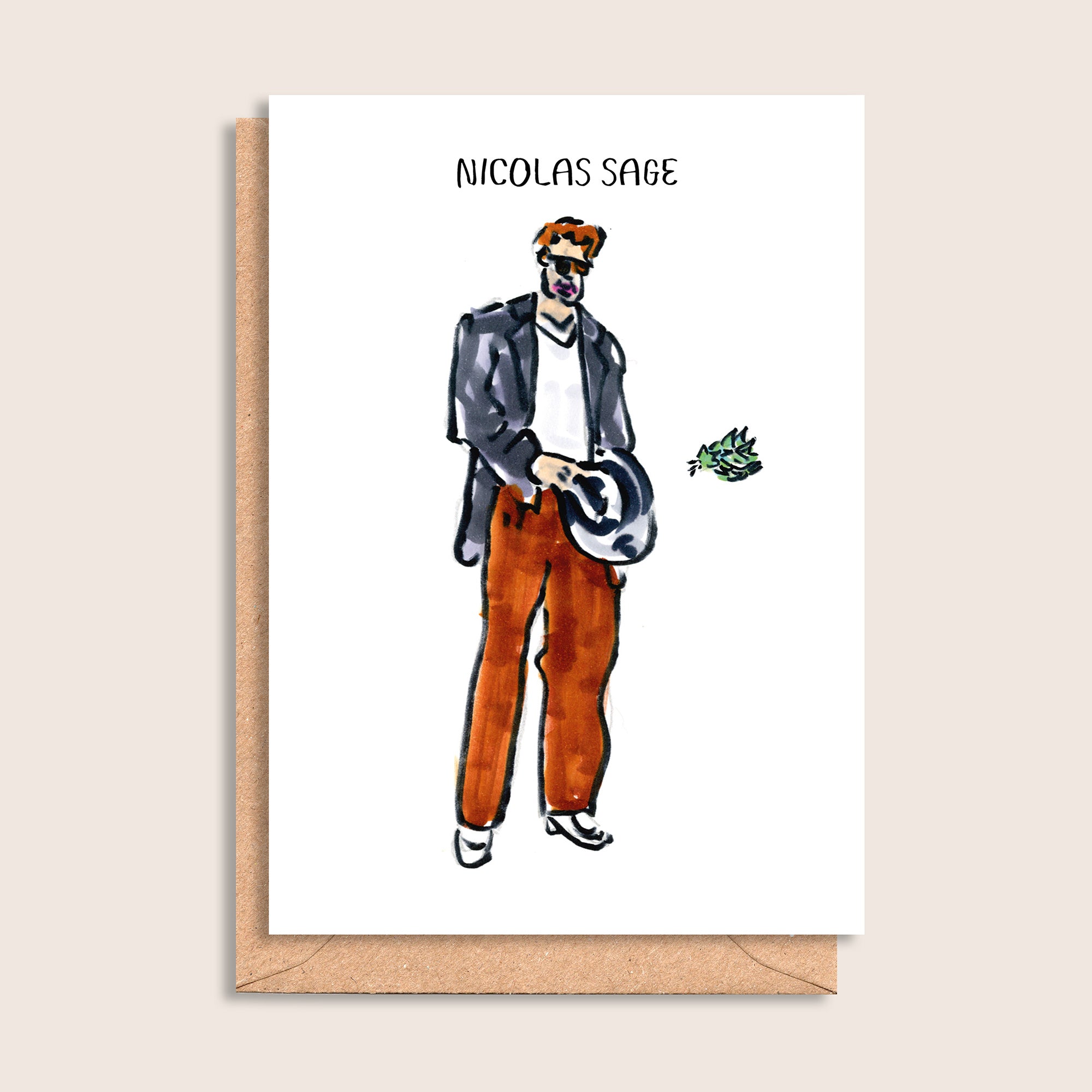 Nicolas Sage – illustrated portrait greeting card, front