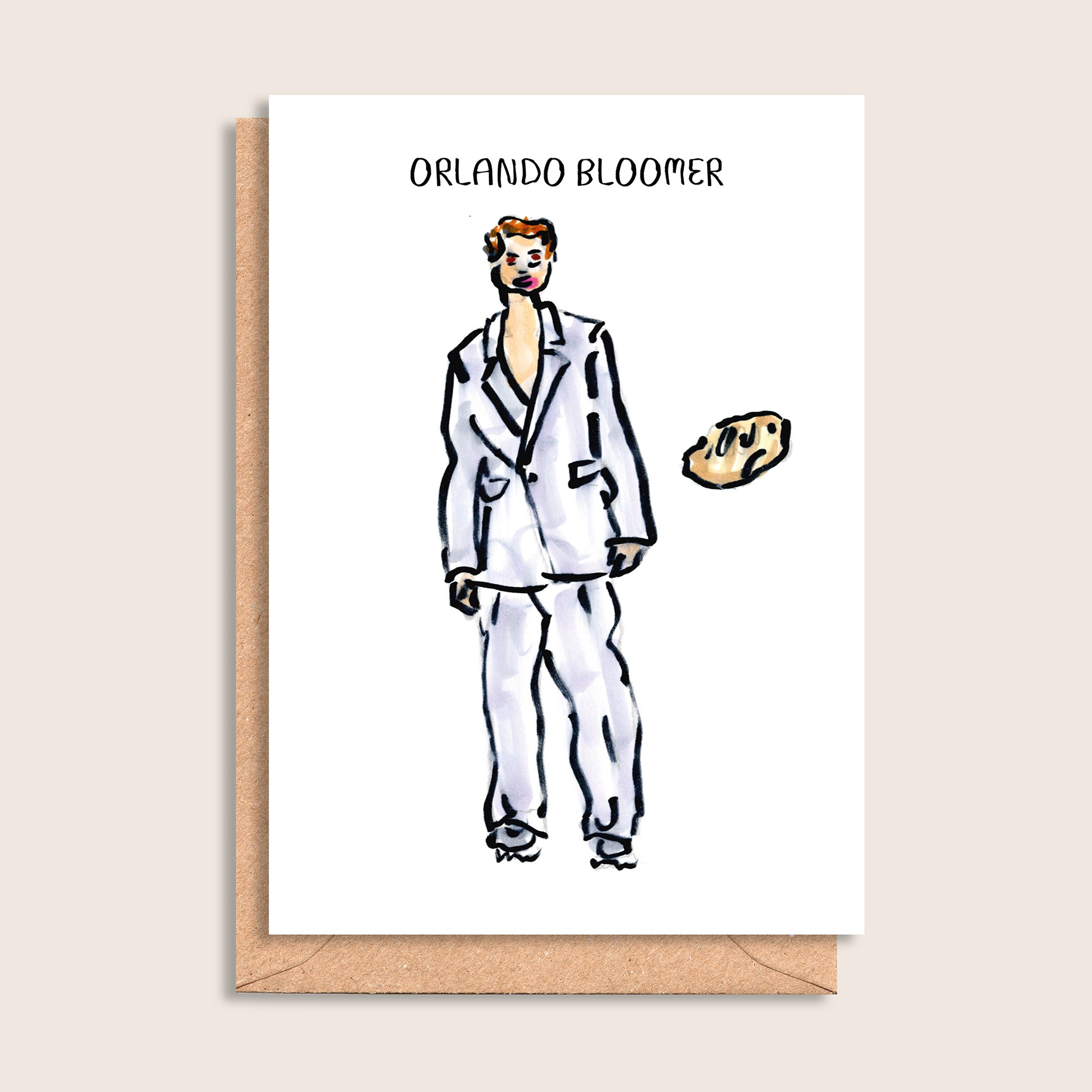 Orlando Bloomer – illustrated portrait greeting card, front