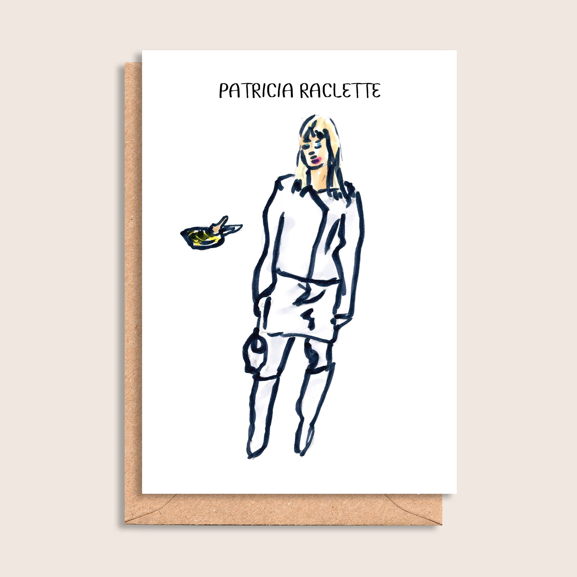 Patricia Raclette – illustrated portrait greeting card, front