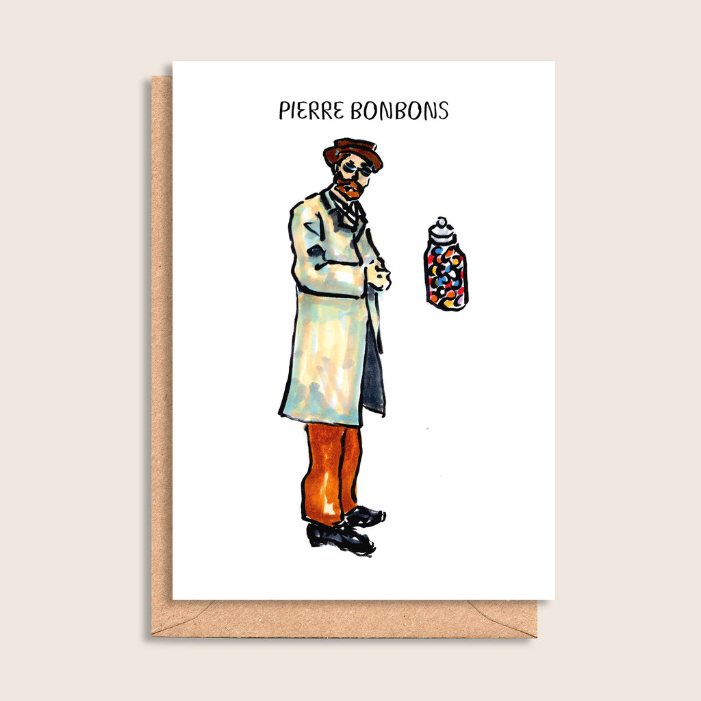 Pierre Bonbons – illustrated portrait greeting card, front