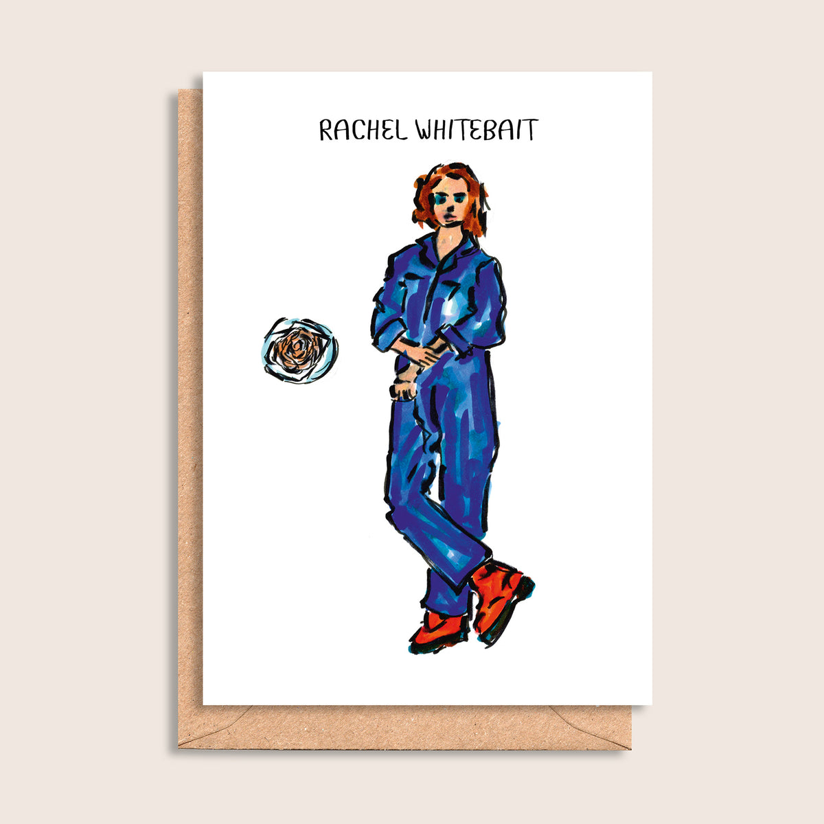 Rachel Whitebait – illustrated portrait greeting card, front