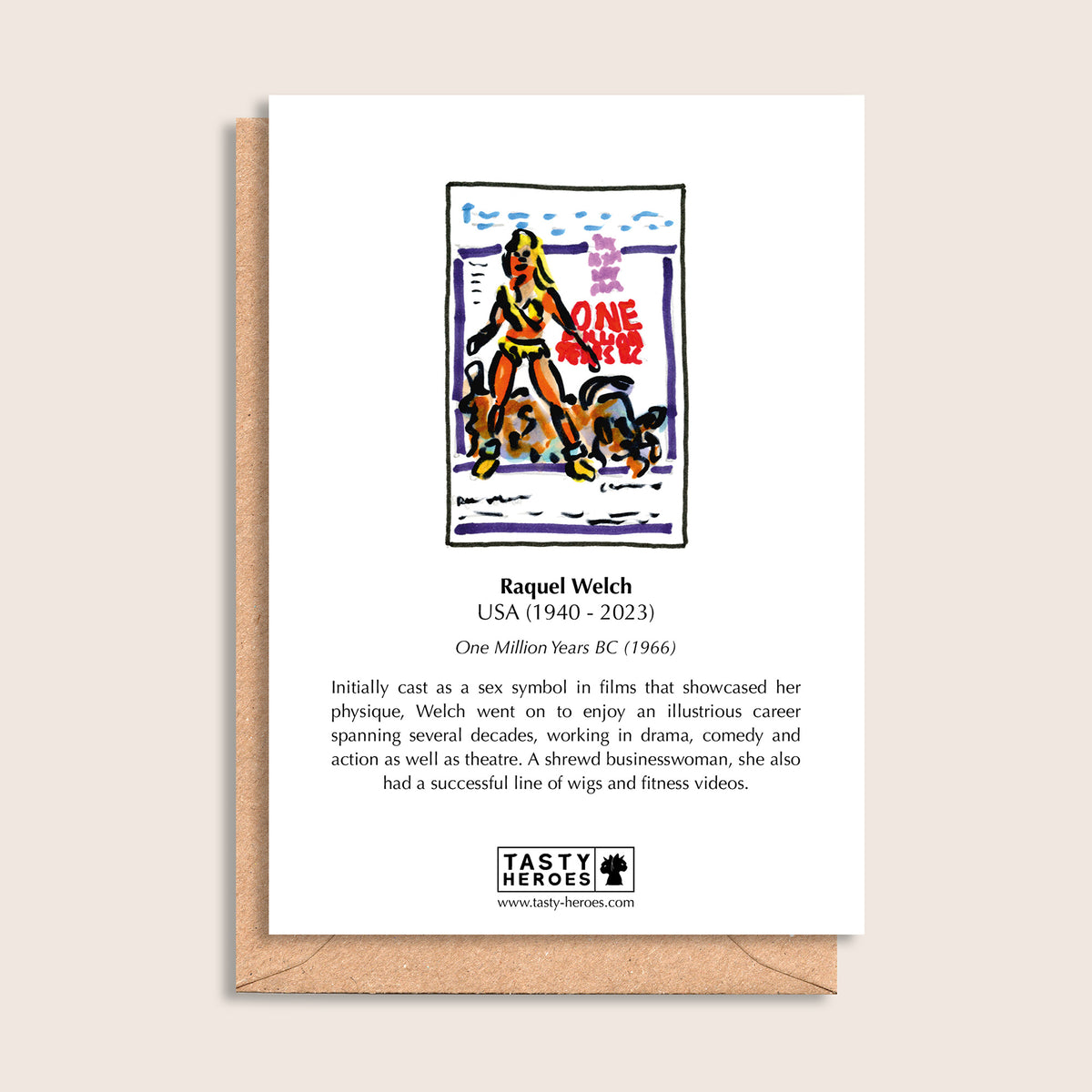 Raquel Whelks – biographical note and Raquel Welch artwork, reverse
