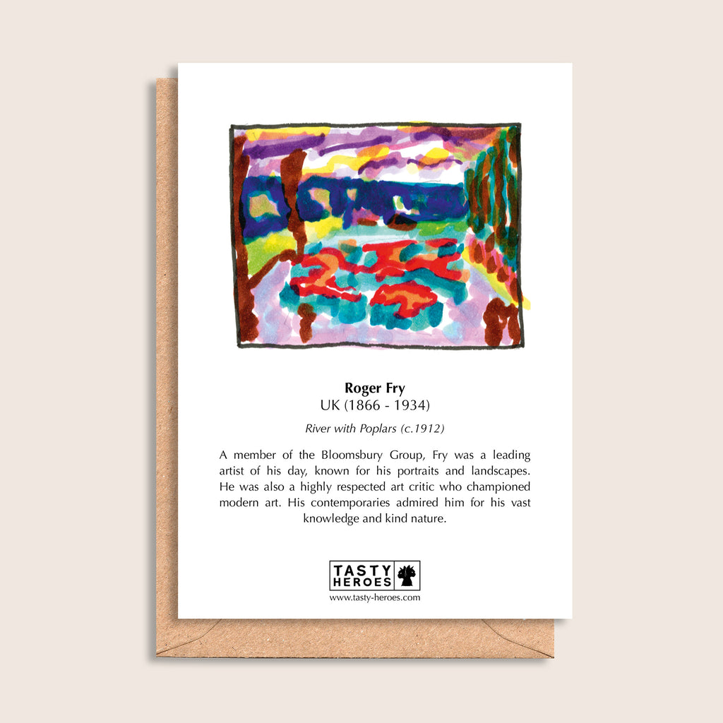 Roger Fry-Up – biographical note and Roger Fry artwork, reverse