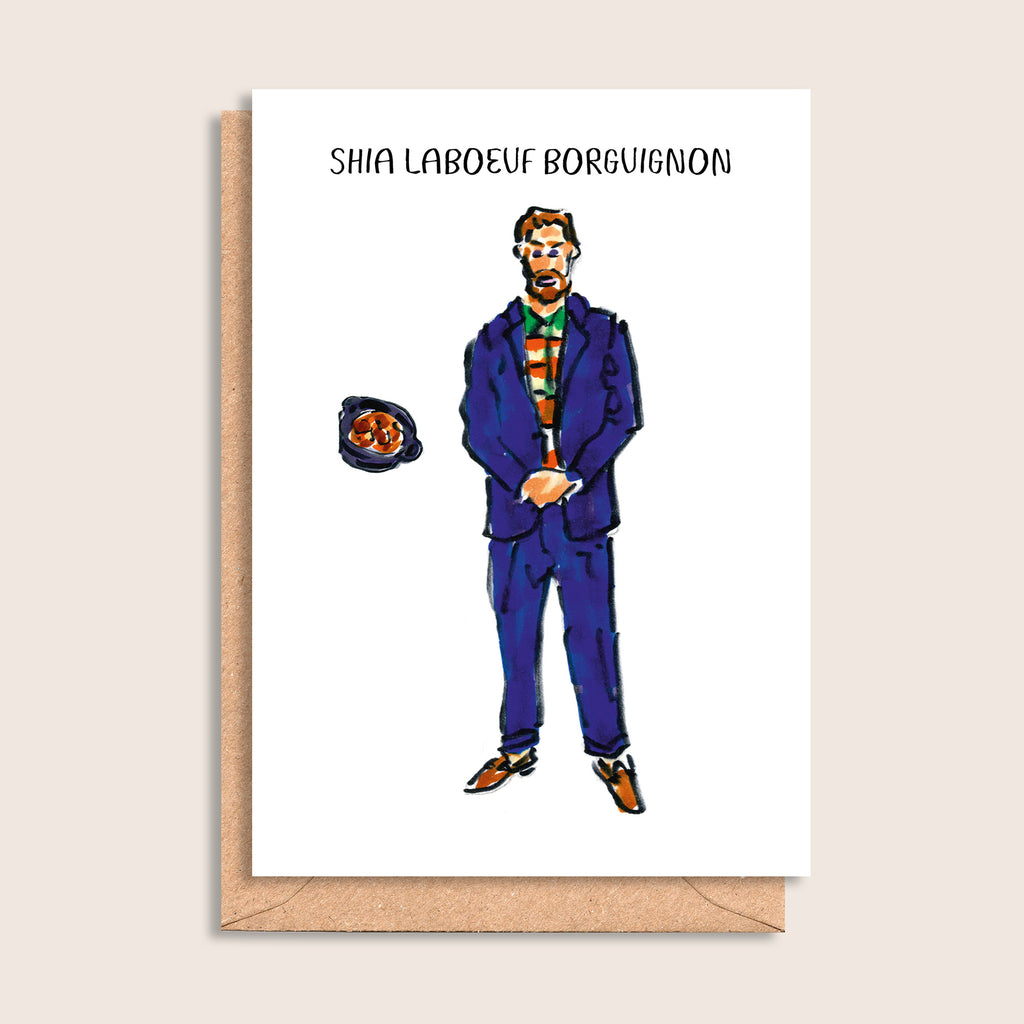 Shia LaBoeuf Borguignon – illustrated portrait greeting card, front