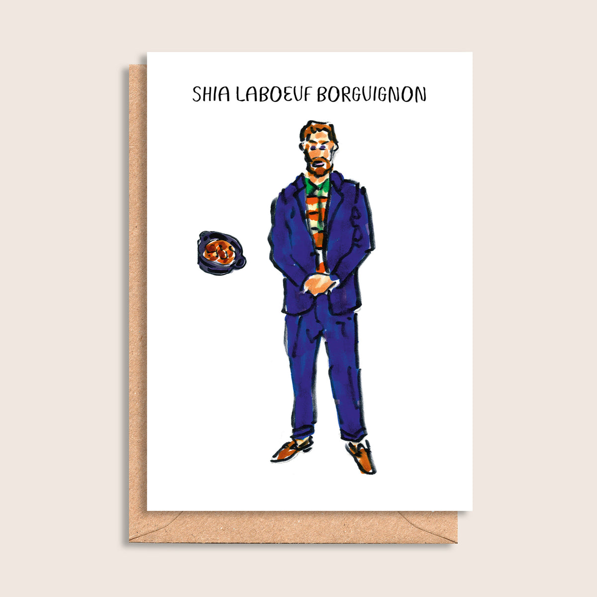 Shia LaBoeuf Borguignon – illustrated portrait greeting card, front