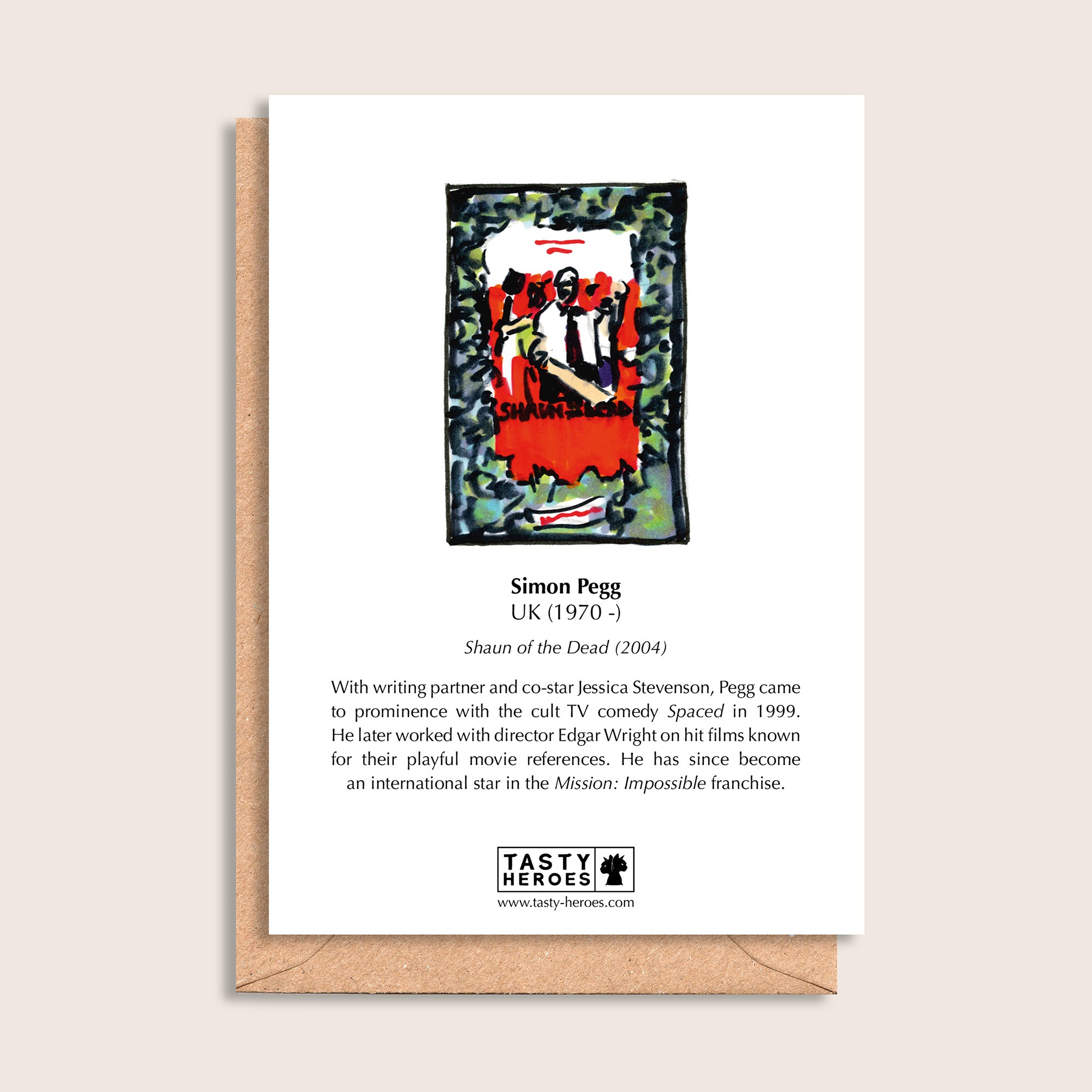 Simon Egg – biographical note and Simon Pegg artwork, reverse