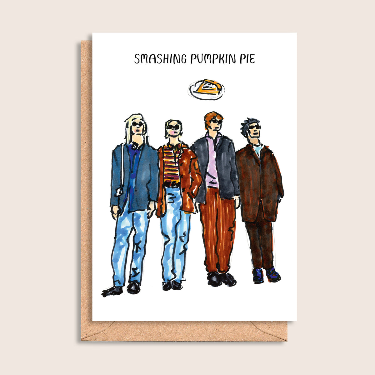 Smashing Pumpkin Pie – illustrated portrait greeting card, front