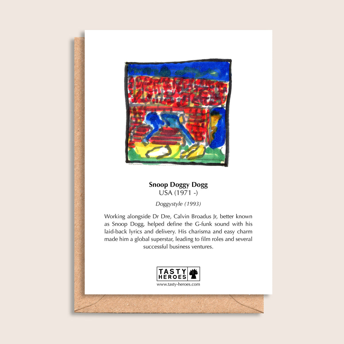 Snoop Doggy Hotdog – biographical note and Snoop Dogg artwork, reverse