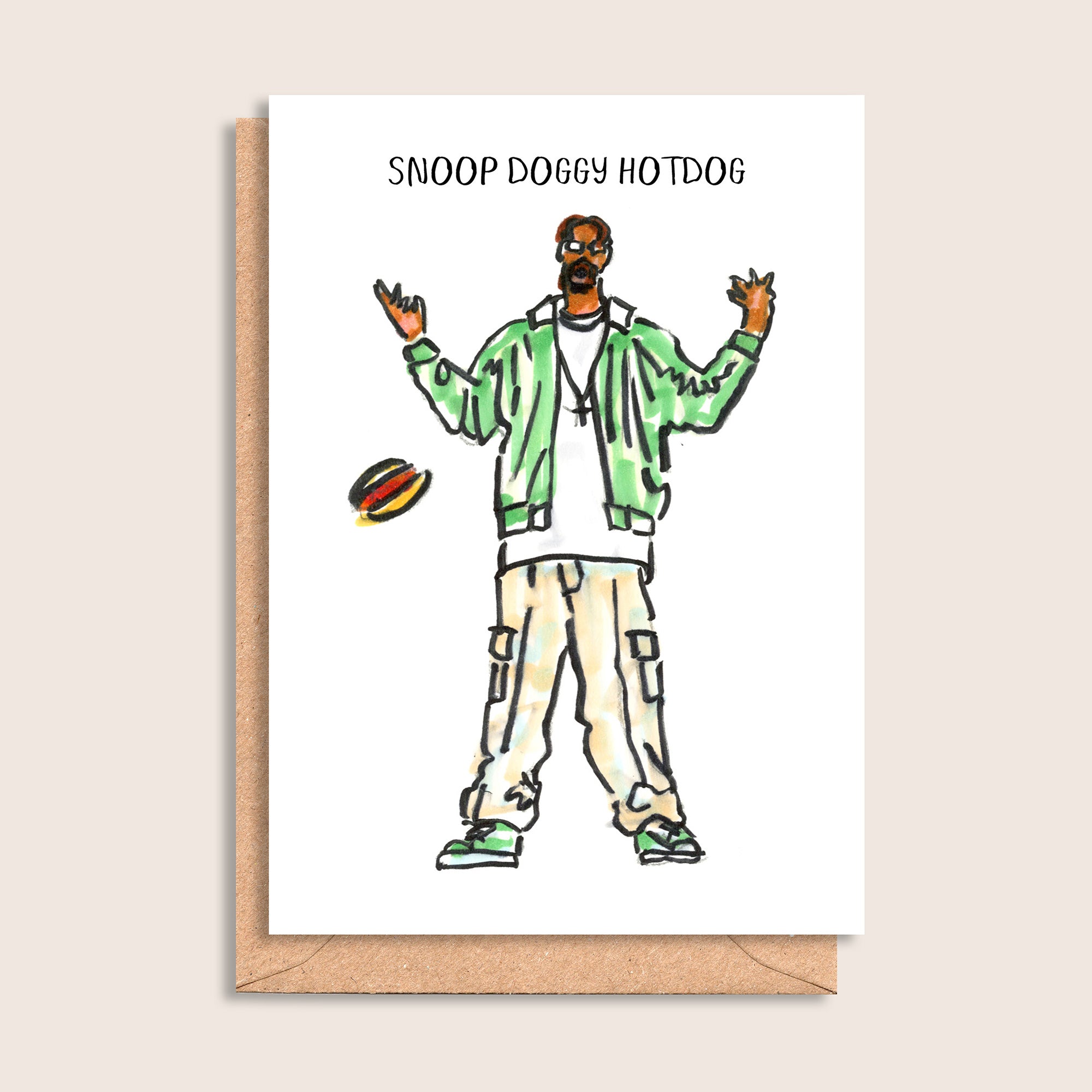 Snoop Doggy Hotdog – illustrated portrait greeting card, front