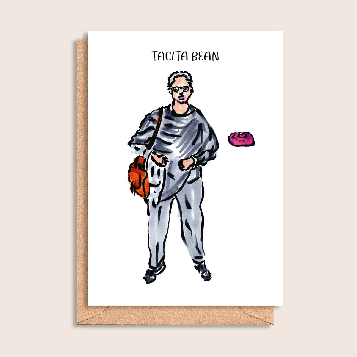 Tacita Bean – illustrated portrait greeting card, front