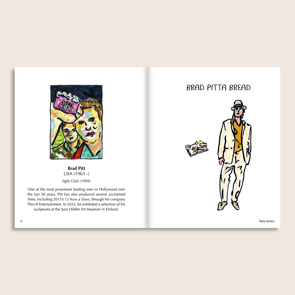 Tasty Actors interior spread – Brad Pitta Bread, illustrated portrait and full-length character with pitta bread