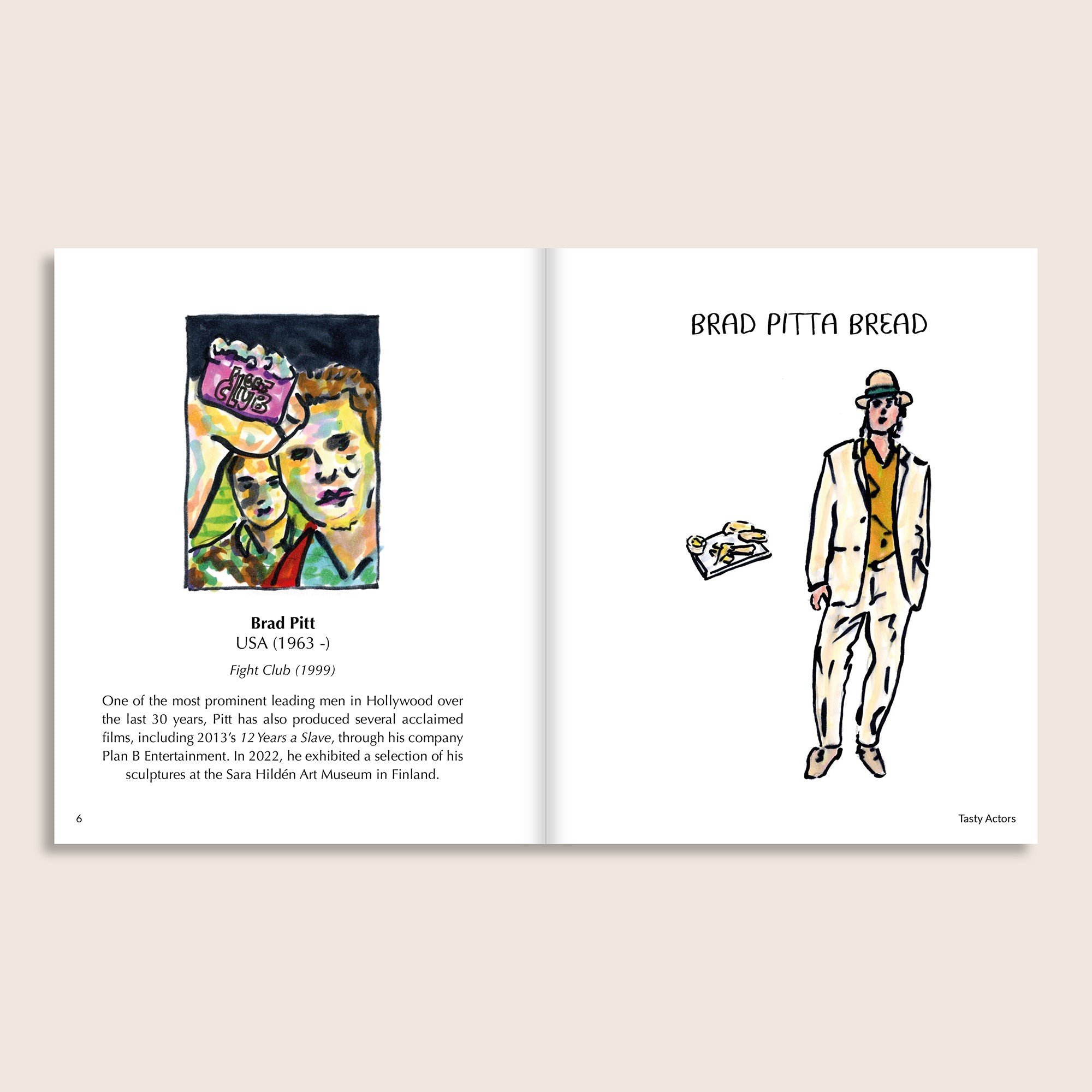Tasty Actors interior spread – Brad Pitta Bread, illustrated portrait and full-length character with pitta bread