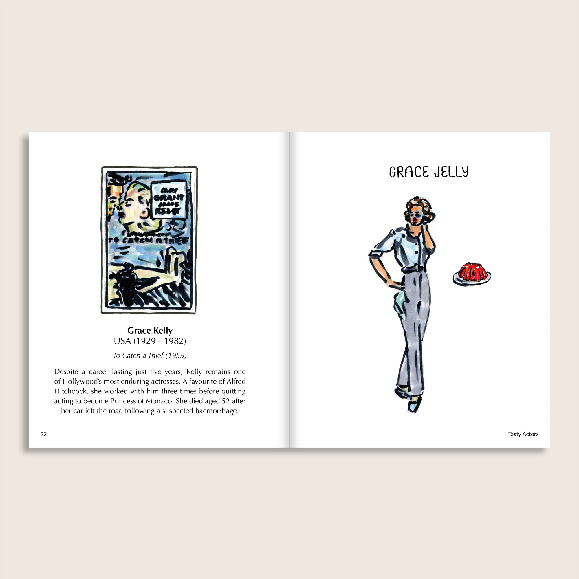 Tasty Actors interior spread – Grace Jelly, illustrated portrait and full-length character with jelly
